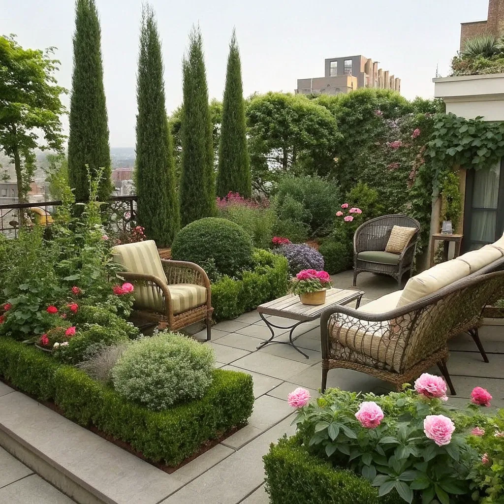 Advanced terrace garden design with plants and furniture
