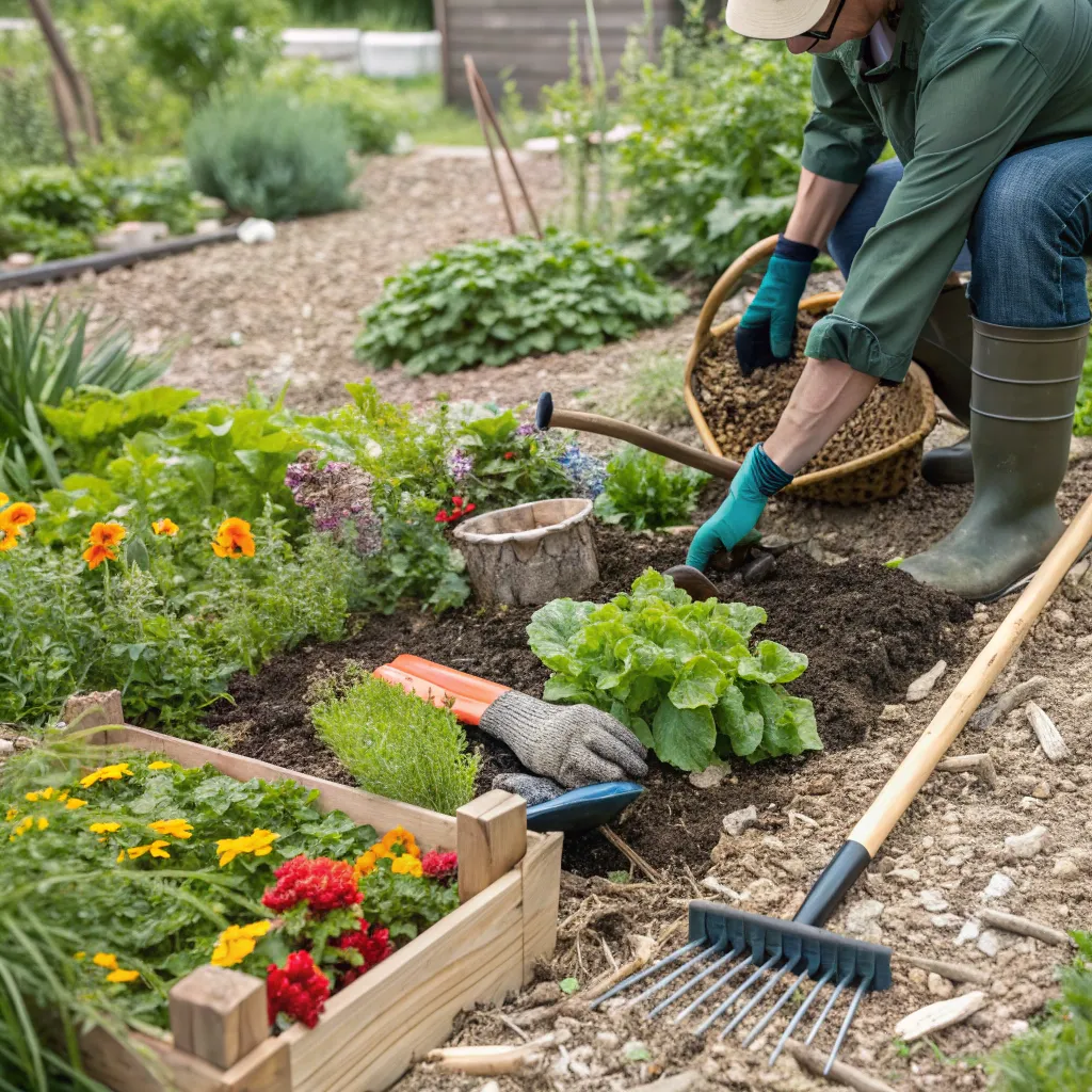 Sustainable gardening practices with tools and plants